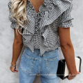 2021 New Fashion Sexy Shirts For Women Tops Neckline Pleated Ladies Plaid blouse Sweet Shirt For Women